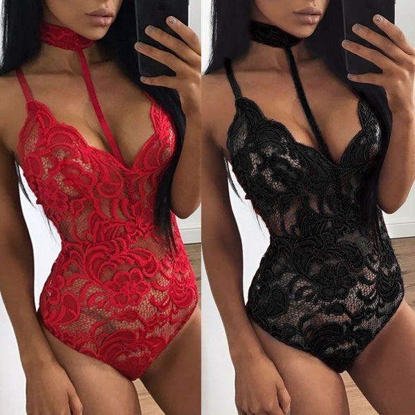 Fashion Women Sheer Lace Floral Leotard Tops Backless Jumpsuit Sexy Lingerie Dress Neck Choker Bodysuit