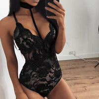 Fashion Women Sheer Lace Floral Leotard Tops Backless Jumpsuit Sexy Lingerie Dress Neck Choker Bodysuit