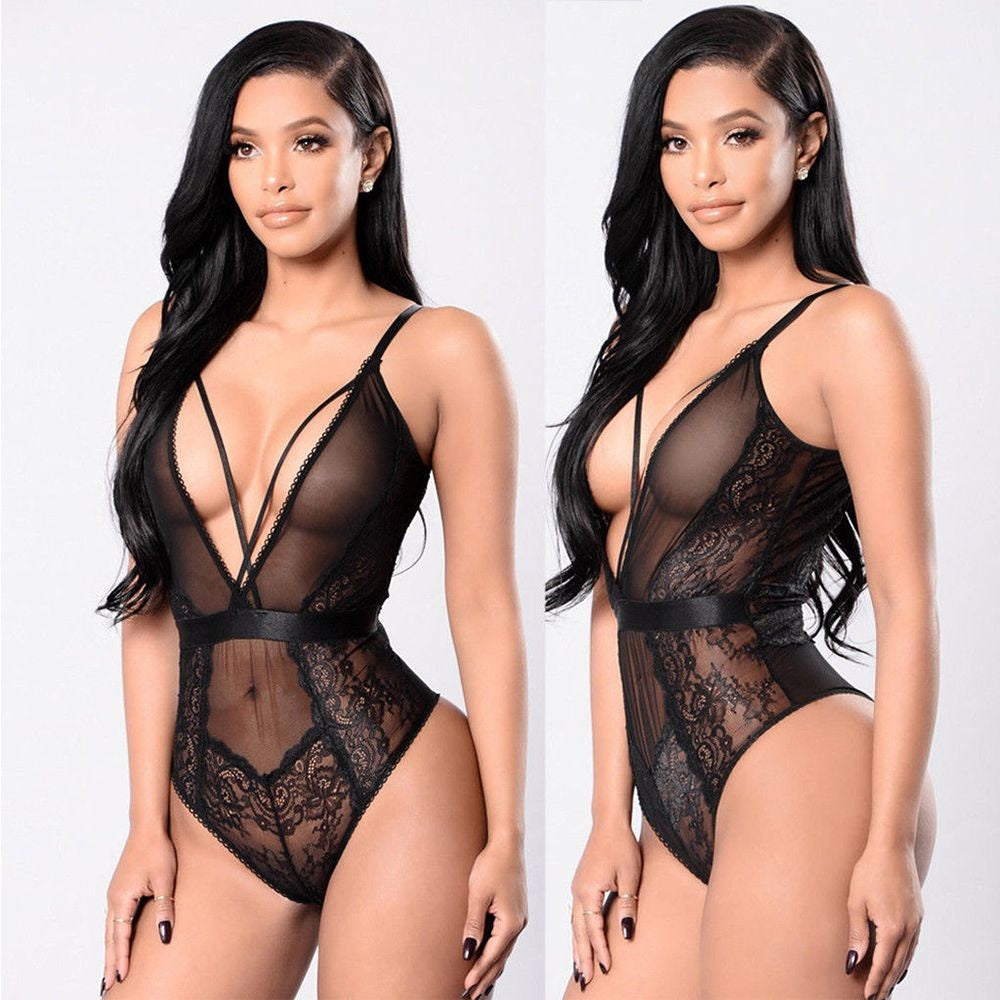 Fashion Sleepwear Backless Teddies Hollow Bodysuit Floral Lace Halter One Piece Sexy Lingerie